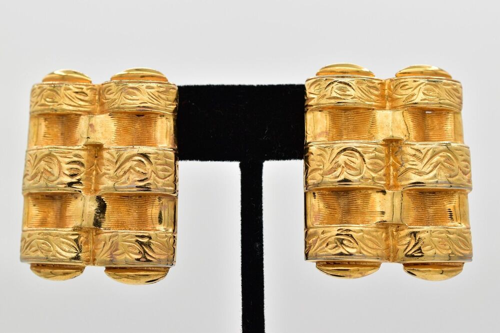 Butler & Wilson Vintage Statement Clip On Earrings Gold Drop Heavy Signed BinBB